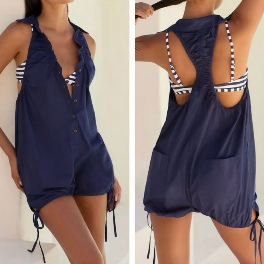 By Anthropologie Collared Bubble Sleeveless Cotton Romper‎ Navy Blue Size Small